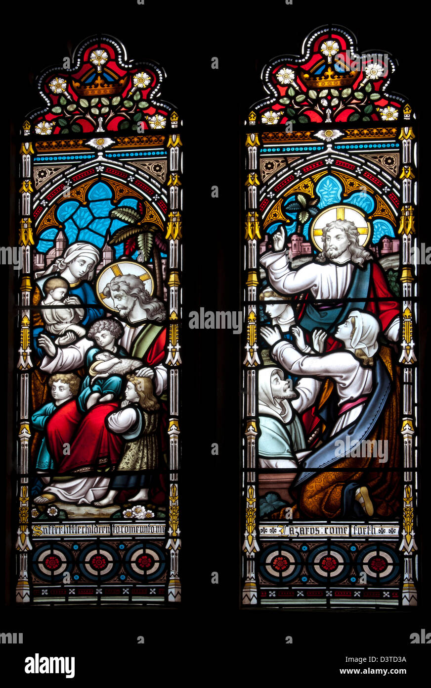 Stained glass window in St Andrew`s Church, Hazleton, Gloucestershire, England, UK Stock Photo